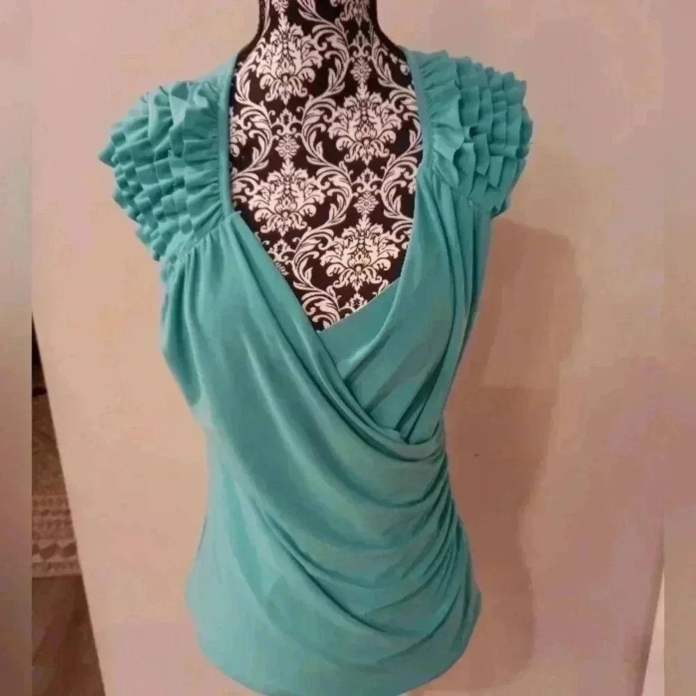 Frank Lyman Design Turquoise Draped Faux-Wrap Ruffle Sleeve Top